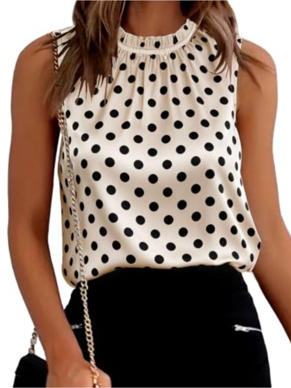 Satin Tank Top Ruffle Mock Neck Sleeveless Blouse Pleated Front